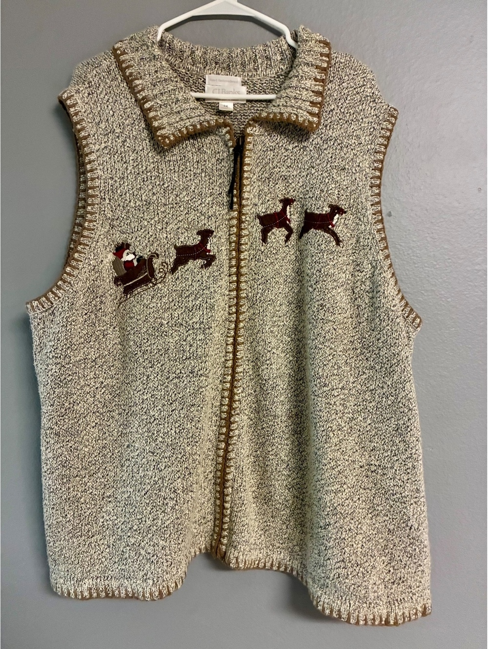 CJ Banks Christmas Santa Reindeer Zip Sweater Vest Sz 3X Hand Embroidered